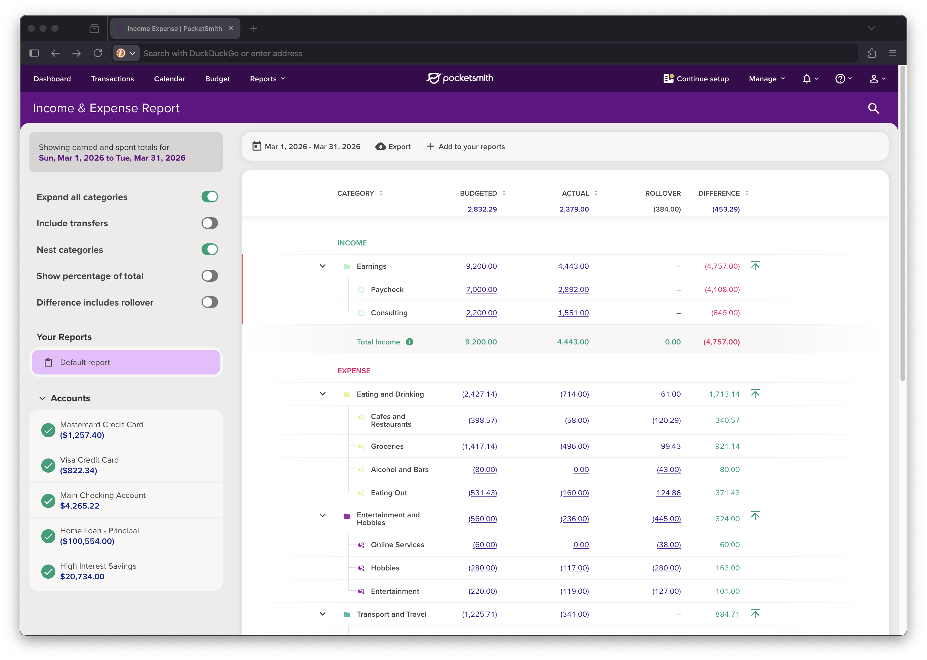 New Income & Expense Report, with a rollover column and access to the budget analysis panel.
