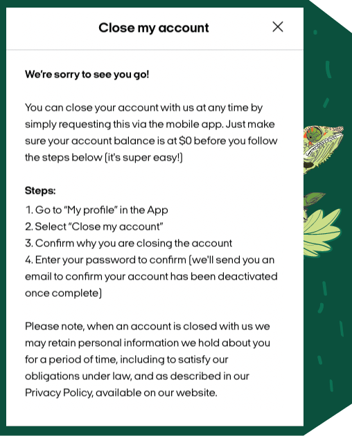 Notice how buried the information about closing your account via Afterpay's mobile app is A wall of text that appears when you try to close your Afterpay account