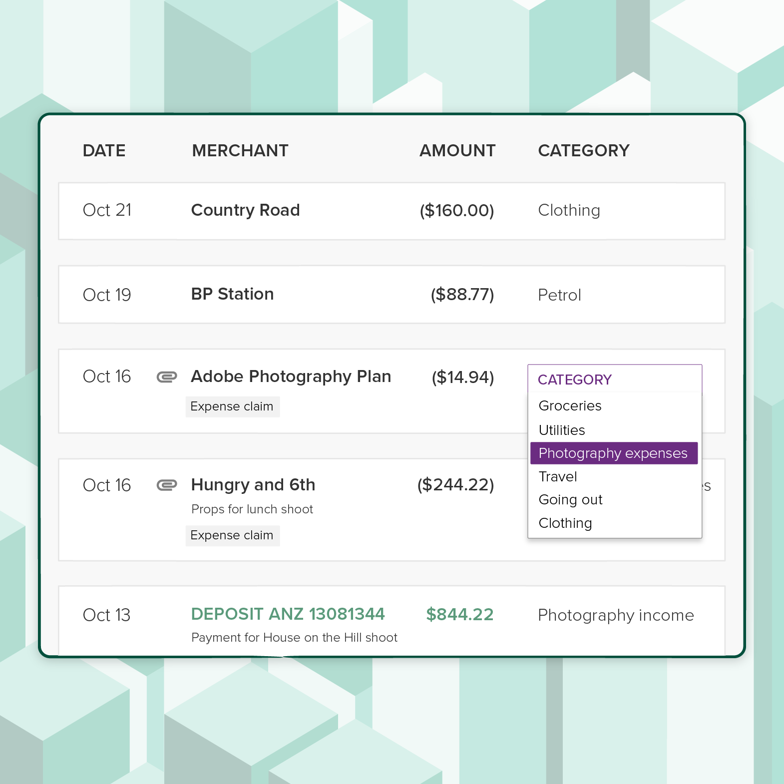 Categorizing your side hustle transactions can help you determine some of the finer details of your income and expenses; PocketSmith can auto-categorize these transactions for you! A screenshot of categorized transactions in PocketSmith from a freelance photographer